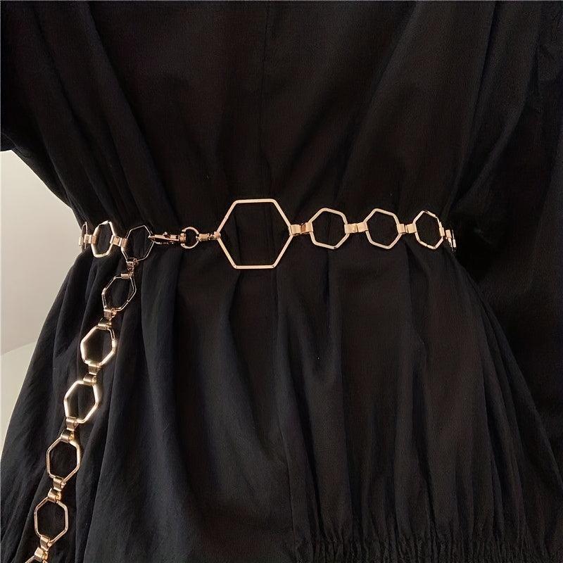 Geometric Gold Metal Waist Chain Belt Adjustable for Women