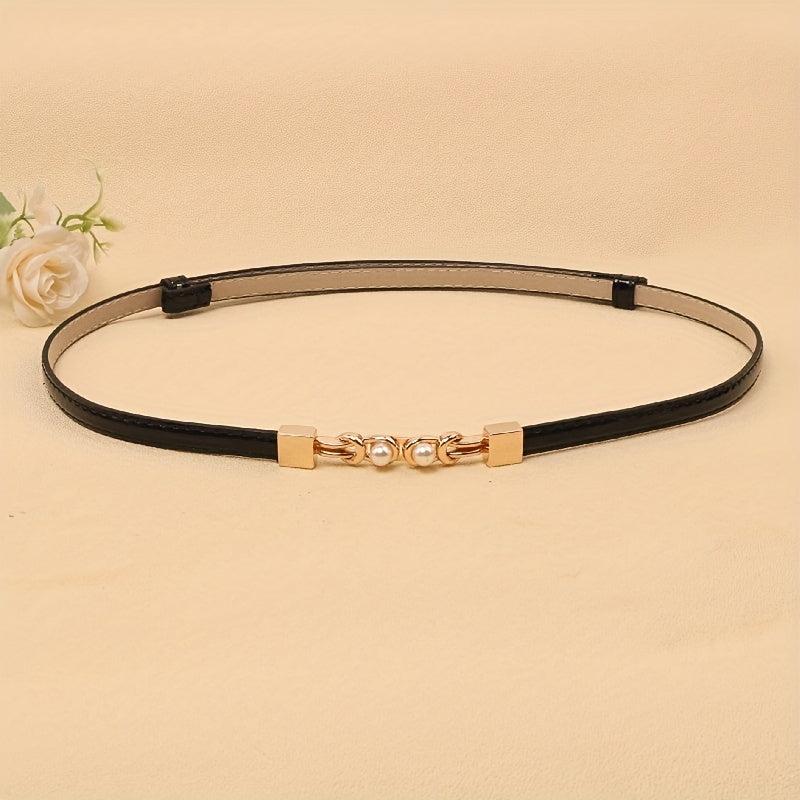 Adjustable PU Leather Belt with Faux Pearl Buckle