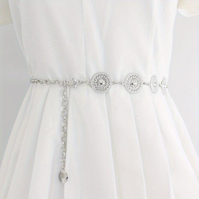 Women's Metal Chain Decoration Dress Belt Hollow Out Leaf Bead Pendant