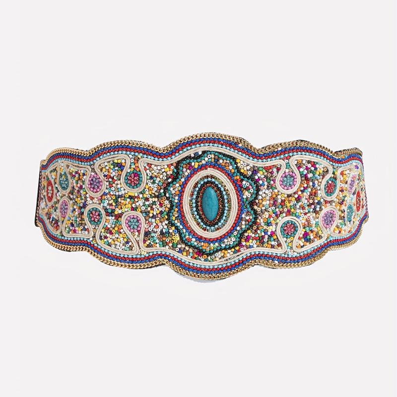 Bohemian Beads Flower Wide Belt Elastic Adjustable Waist Girdle