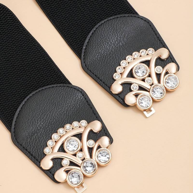 Rhinestone Decor Buckle Belt Elastic Wide Waistband for Women