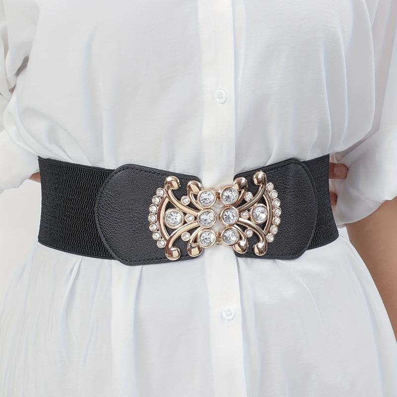 Rhinestone Decor Buckle Belt Elastic Wide Waistband for Women