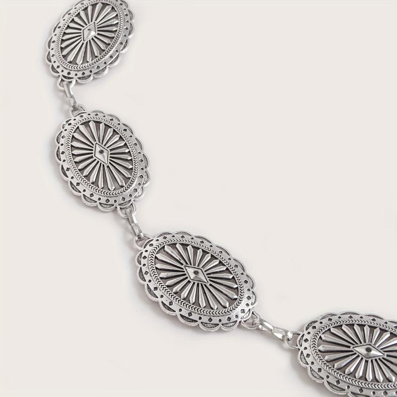 Silvery Hollow Oval Waist Chain Geometric Flower Carved Metal Body Chain