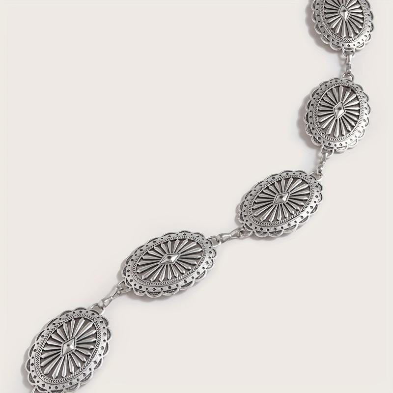 Silvery Hollow Oval Waist Chain Geometric Flower Carved Metal Body Chain