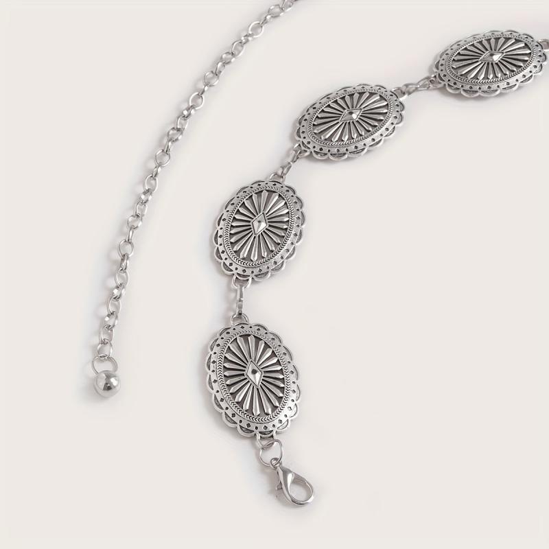Silvery Hollow Oval Waist Chain Geometric Flower Carved Metal Body Chain