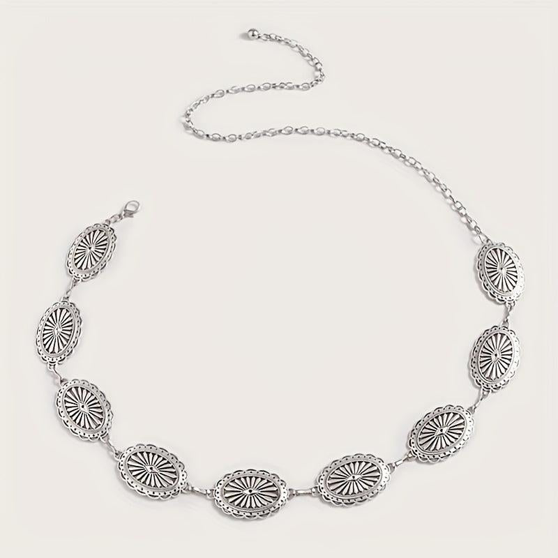 Silvery Hollow Oval Waist Chain Geometric Flower Carved Metal Body Chain
