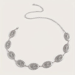 Silvery Hollow Oval Waist Chain Geometric Flower Carved Metal Body Chain