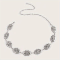 Silvery Hollow Oval Waist Chain Geometric Flower Carved Metal Body Chain