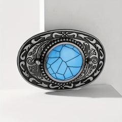Boho Turquoise Oval Belt Buckle Vintage Carved Cowboy Cowgirl Belt Buckle