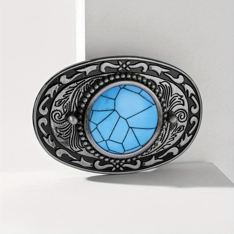 Boho Turquoise Oval Belt Buckle Vintage Carved Cowboy Cowgirl Belt Buckle