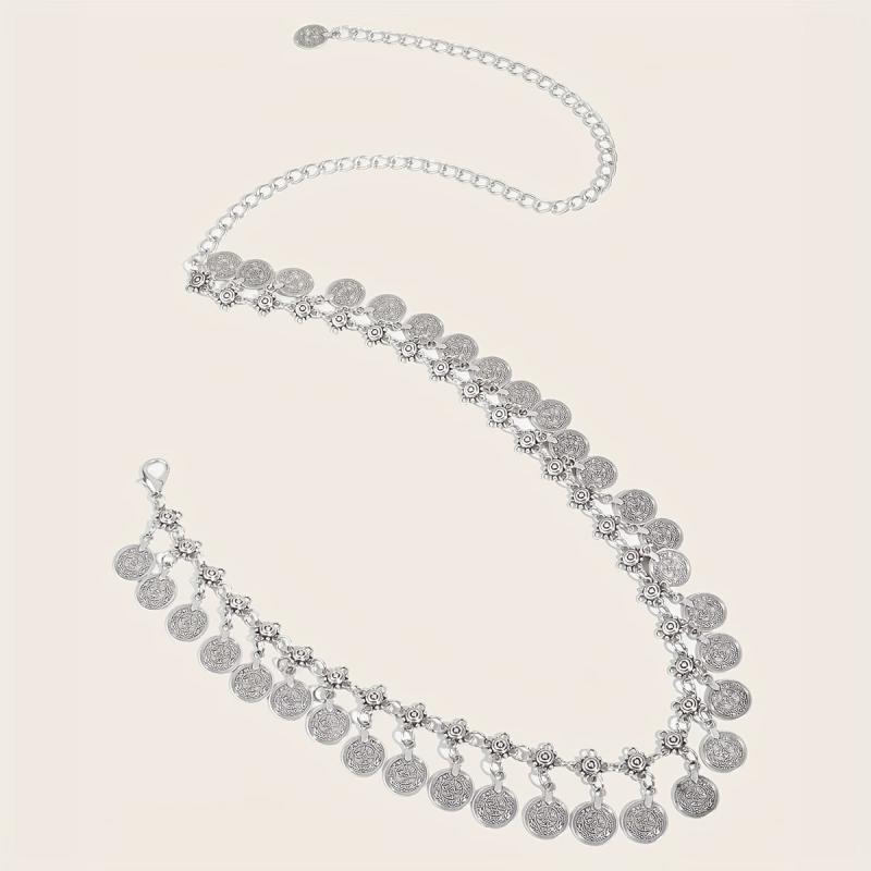 Vintage Boho Silvery Coin Pendant Waist Chain for Women