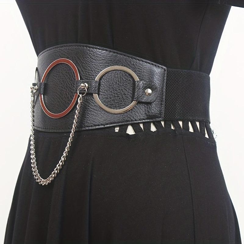 Three Ring Chain Fringe Belt Wide Punk Waistband Elastic Corset Belt For Women