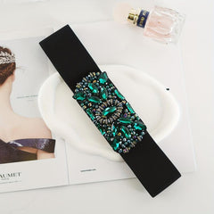 Green Rhinestone Wide Belt Full Crystal Buckle Vintage Elastic Waistband