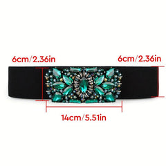 Green Rhinestone Wide Belt Full Crystal Buckle Vintage Elastic Waistband