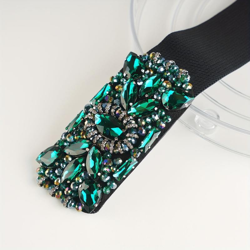 Green Rhinestone Wide Belt Full Crystal Buckle Vintage Elastic Waistband