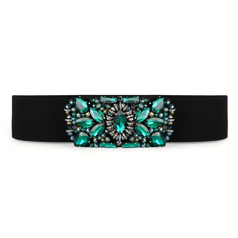 Green Rhinestone Wide Belt Full Crystal Buckle Vintage Elastic Waistband