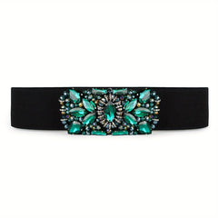 Green Rhinestone Wide Belt Full Crystal Buckle Vintage Elastic Waistband