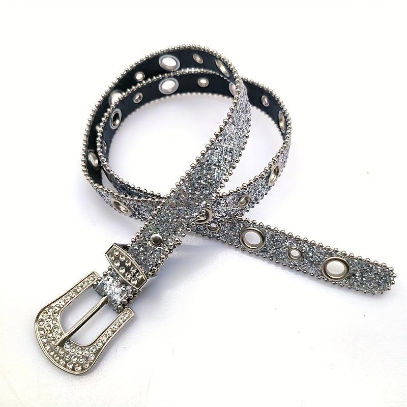 Eyelet Sequin Belt Silvery Hip Hop Thin PU Belt Jeans Pants Skirt Girdle