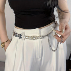 Faux Pearl Waist Chain Heart Shaped Metal Belt for Women