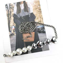 Faux Pearl Waist Chain Heart Shaped Metal Belt for Women
