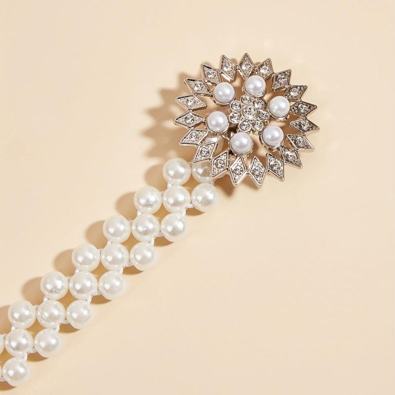 Sunflower Buckle Faux Pearl Chain Dress Belt