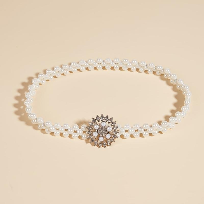 Sunflower Buckle Faux Pearl Chain Dress Belt