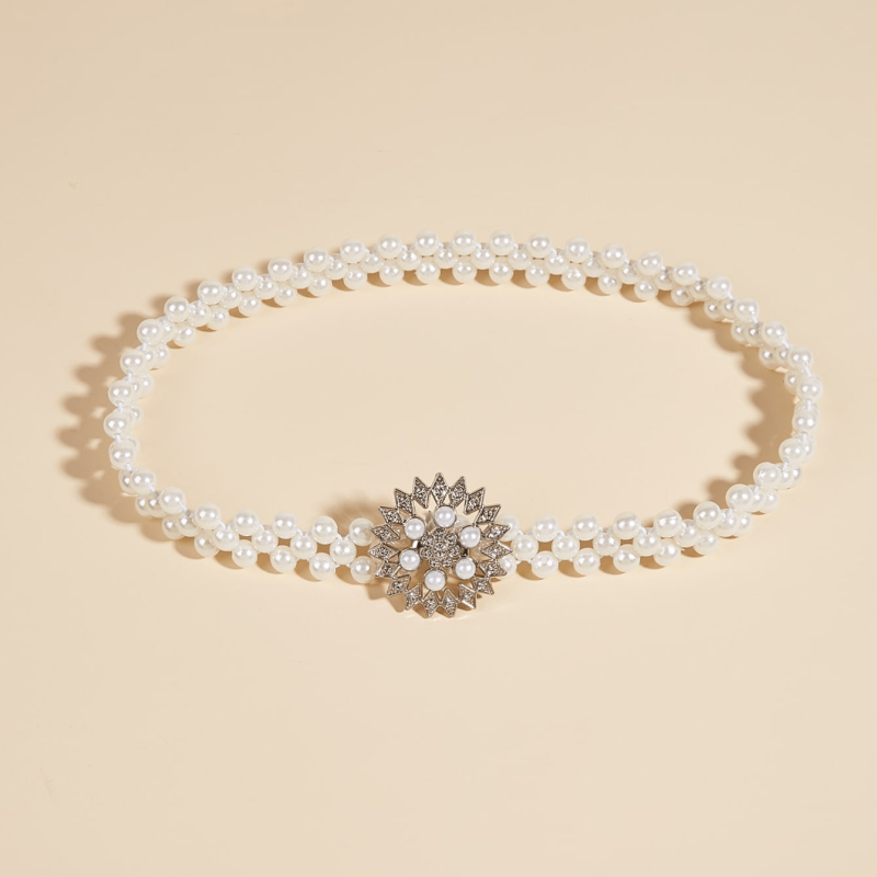Sunflower Buckle Faux Pearl Chain Dress Belt