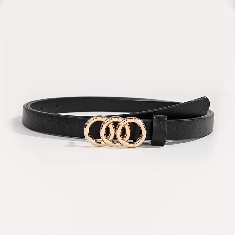 Triple Rings Buckle Belt Set PU Leather Thin Belt Casual Pin Waist Bands