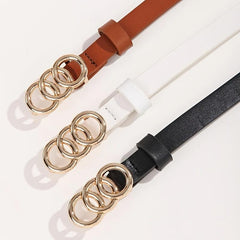 Triple Rings Buckle Belt Set PU Leather Thin Belt Casual Pin Waist Bands