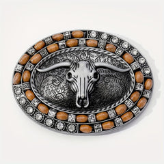 Boho Oval Belt Buckle Rhinestone Beads Inlaid Horn Bull Western Buckle