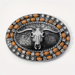Boho Oval Belt Buckle Rhinestone Beads Inlaid Horn Bull Western Buckle