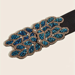 Wide Elastic Belt Double Row Rhinestone Flower Waistband