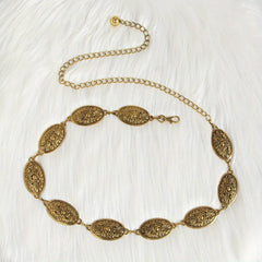 Boho Carved Metal Waist Chain Vintage Oval Tassel Women Belly Belt