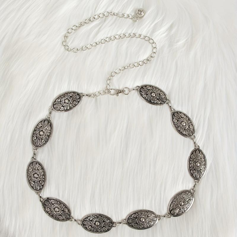 Boho Carved Metal Waist Chain Vintage Oval Tassel Women Belly Belt