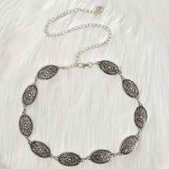 Boho Carved Metal Waist Chain Vintage Oval Tassel Women Belly Belt