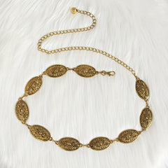 Boho Carved Metal Waist Chain Vintage Oval Tassel Women Belly Belt