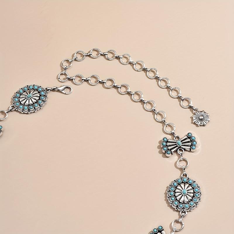 Turquoise Inlay Flower Metal Chain Vintage Bow Carved Belly Chain