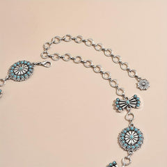 Turquoise Inlay Flower Metal Chain Vintage Bow Carved Belly Chain