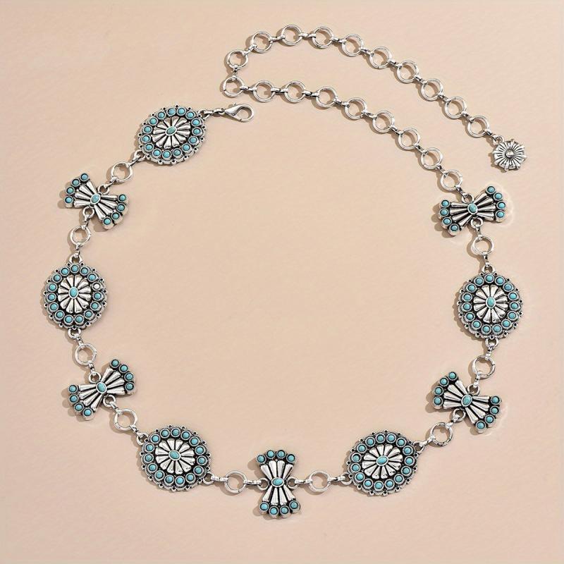 Turquoise Inlay Flower Metal Chain Vintage Bow Carved Belly Chain