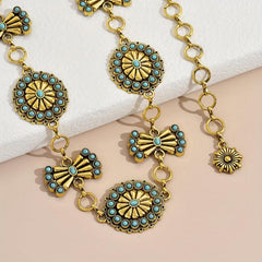 Turquoise Inlay Flower Metal Chain Vintage Bow Carved Belly Chain