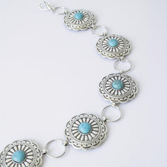 Vintage Silvery Turquoise Waist Chain with Tassel, Bohemian Belly Belt