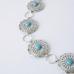 Vintage Silvery Turquoise Waist Chain with Tassel, Bohemian Belly Belt
