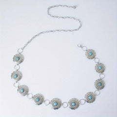 Vintage Silvery Turquoise Waist Chain with Tassel, Bohemian Belly Belt
