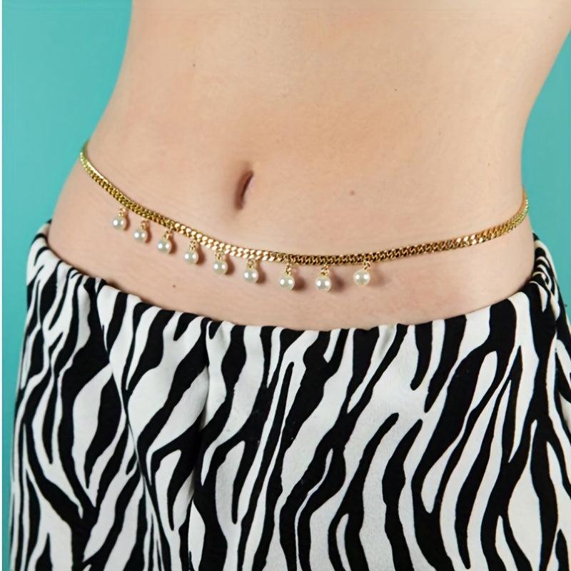 Faux Pearl Pendant Waist Chain Golden Silver Metal Belly Chain
