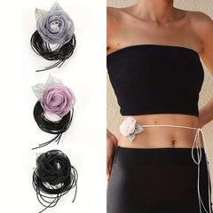 Mesh Flower Sash Belt Lace Up Wax Rope Waist Belt Decorative Dress Girdle
