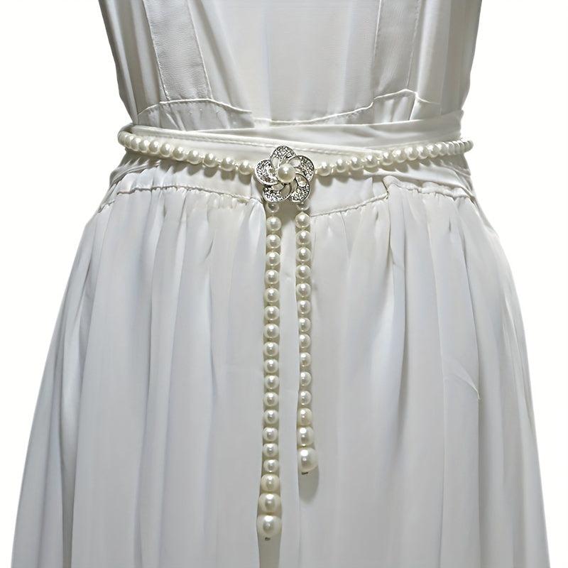 Faux Pearl Thin Belt Flower Buckle Sash Belt For Women