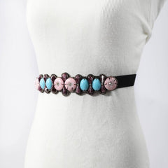Boho Gemstone Belt Elastic Waistband Vintage PU Leather Dress Coat Girdle