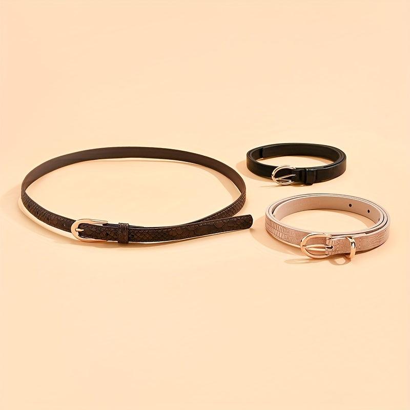3pcs Oval Buckle PU Belt Solid Snake Pattern Embossed Girdle For Women