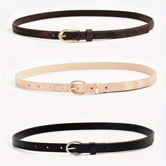 3pcs Oval Buckle PU Belt Solid Snake Pattern Embossed Girdle For Women
