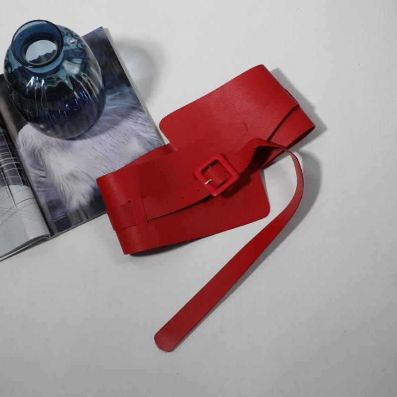 Red PU Corset Belt Adjustable Square Pin Buckle Classic Wide Waistband